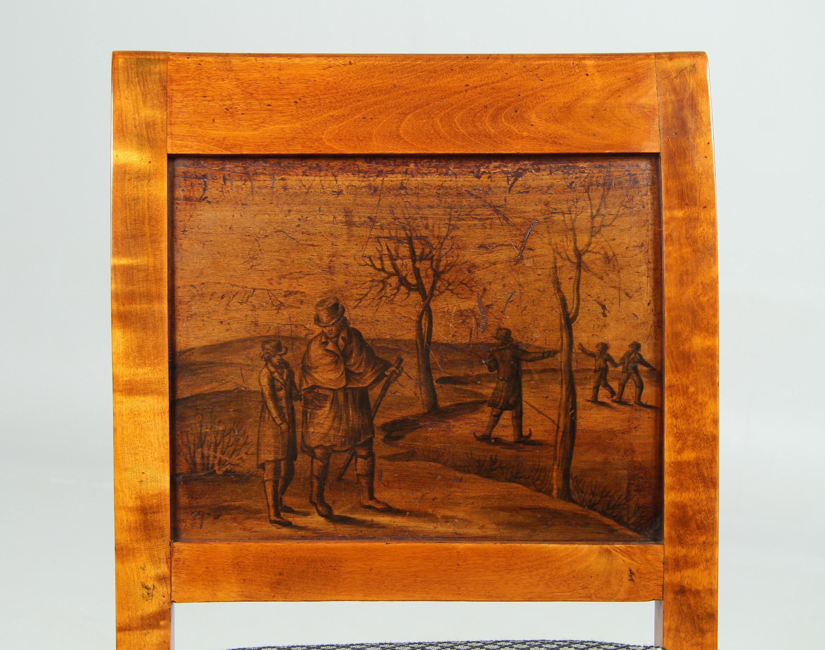 Birch 19th Century Biedermeier Chair with Ink Painting, Northern Germany, circa 1820 For Sale
