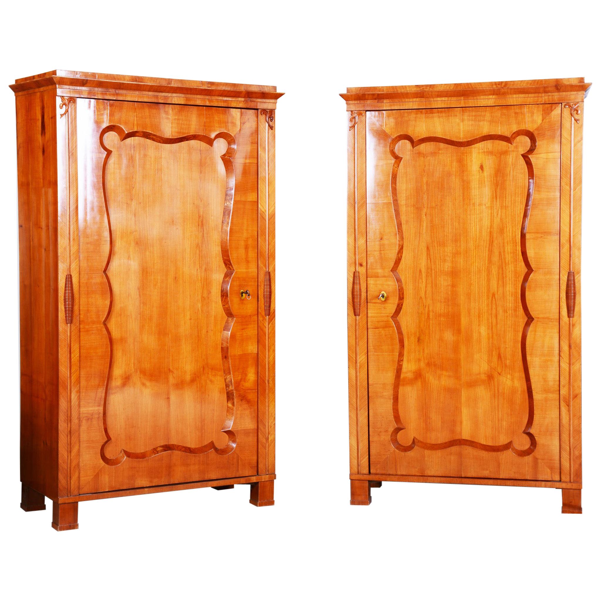 19th Century Biedermeier Cherry Pair of Wardrobes, Completely Restored, 1840s