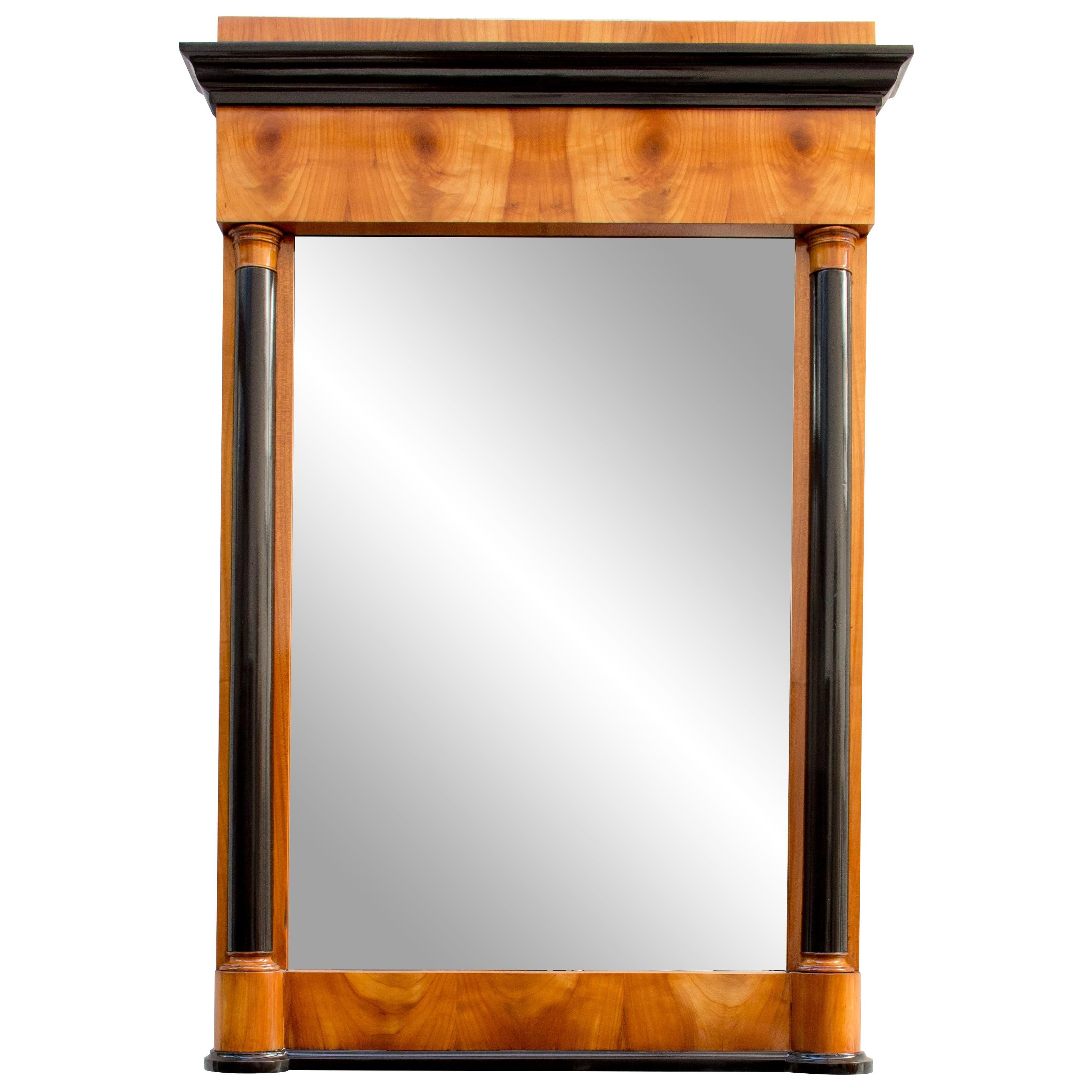 19th Century, Biedermeier Cherrywood Pillar Mirror