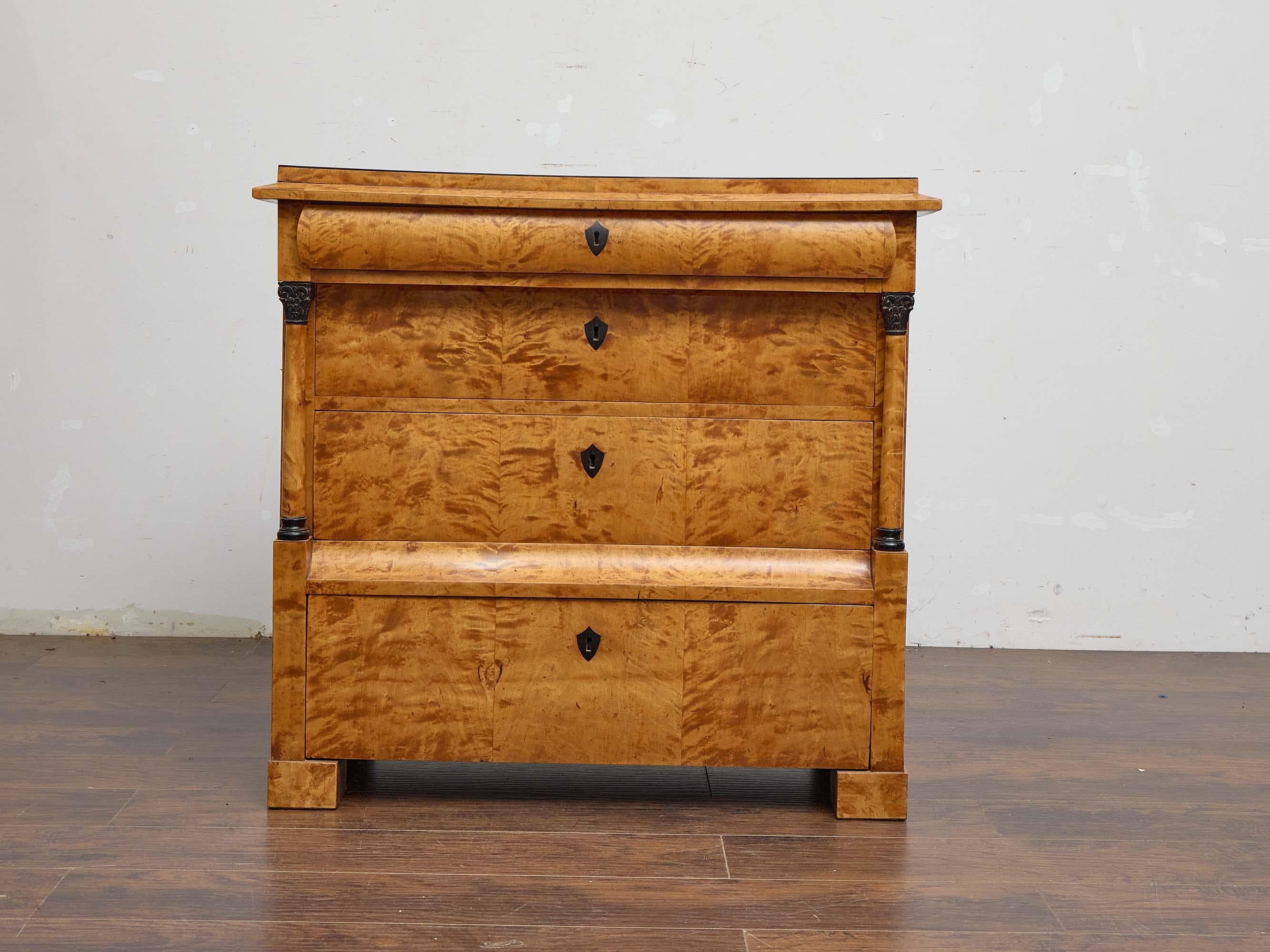Carved 19th Century Biedermeier Chest of Drawers in Striking Tiger Maple Veneer For Sale