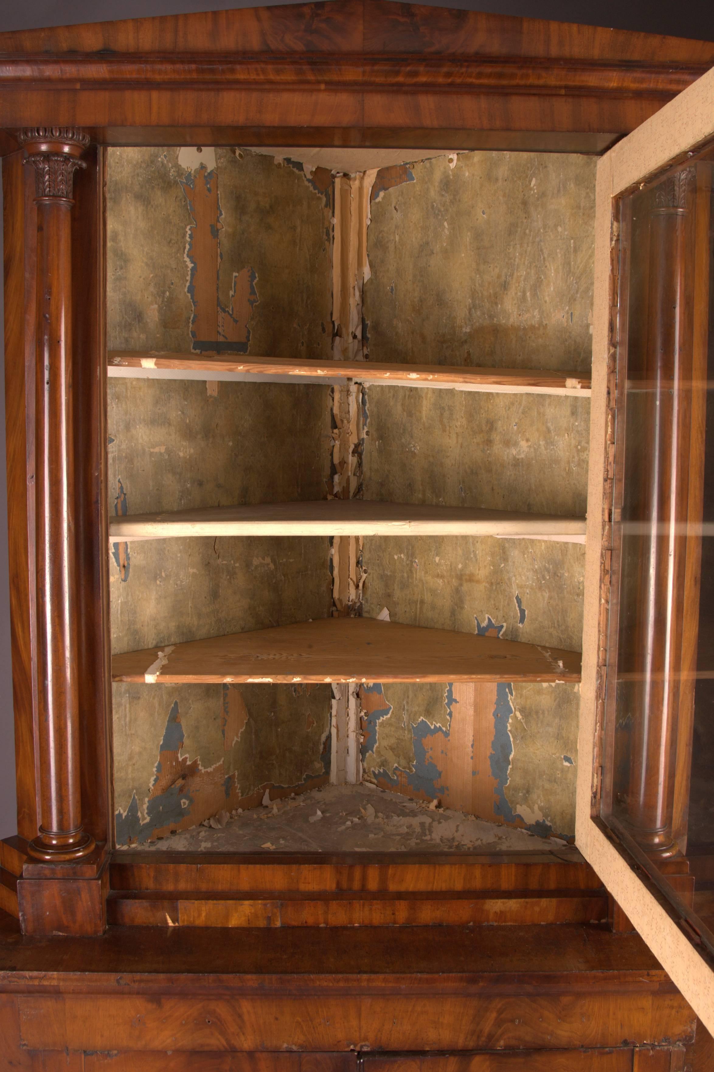 German 19th Century antique Biedermeier Corner Cupboard Cuba Mahogany Veneer For Sale