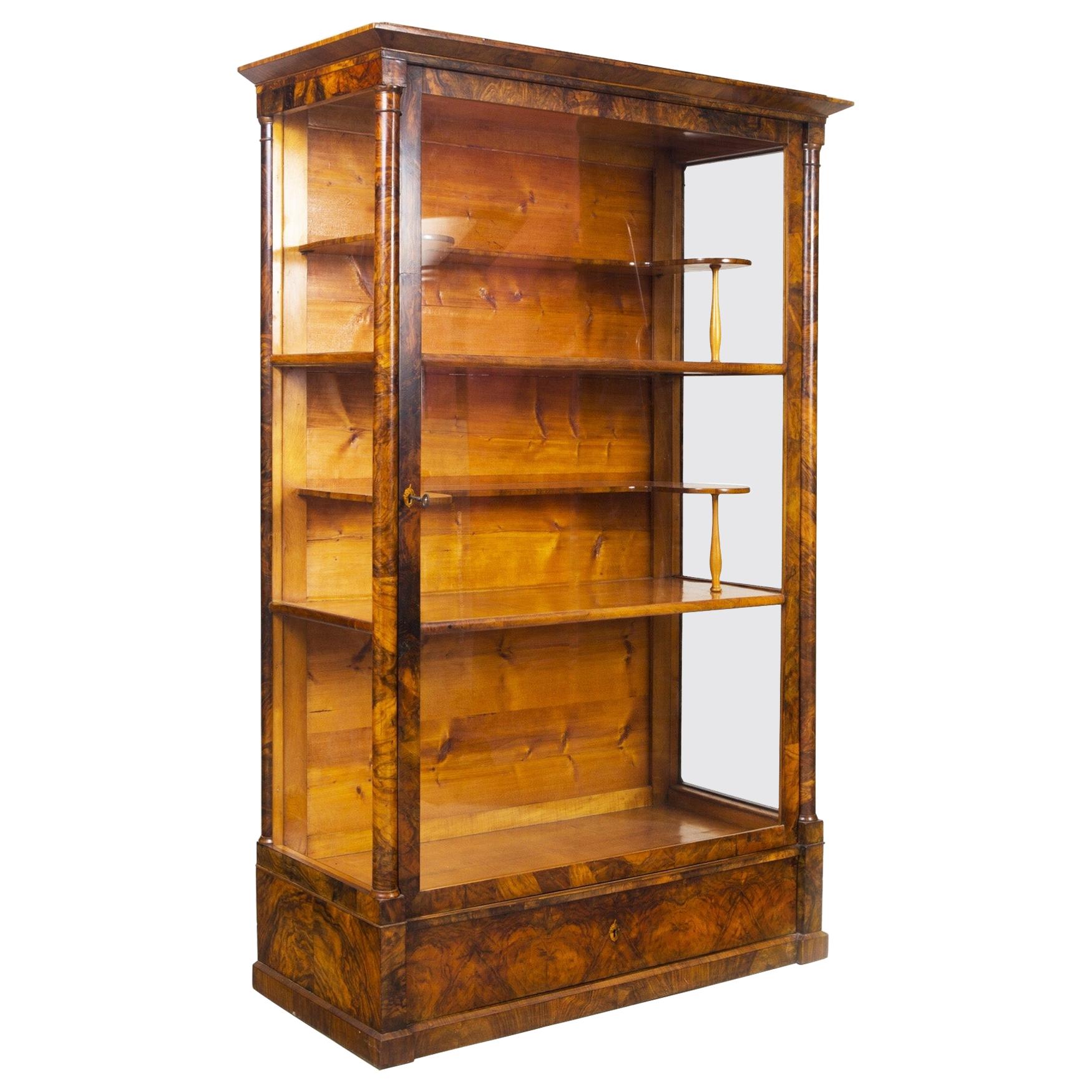 19th Century Biedermeier Czech Display Cabinet, Shellac Polish, Walnut For Sale