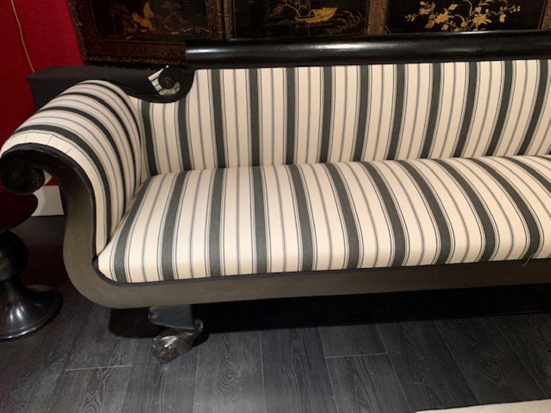 Newly upholstered in our Casa Branca black and white stripe.