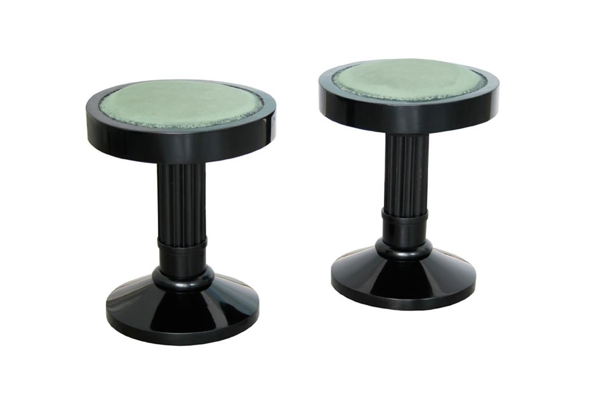 Hello,
This rare Biedermeier ebonized stools were made in Vienna circa 1825-30.

Ebonized Biedermeier pieces were mostly made in Vienna, Austria and account for only 1-2 % of all Biedermeier furniture made. Therefore, they are very rare. 
Viennese