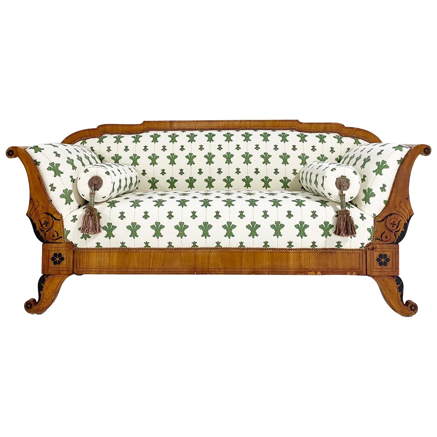 19th Century Biedermeier Ebonized Walnut Sofa in Beata Heuman Florentine Flowers For Sale