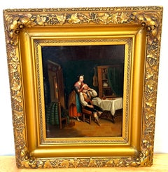 19th Century Biedermeier Genre Painting “The Surprise" Oil on Tin Original Frame