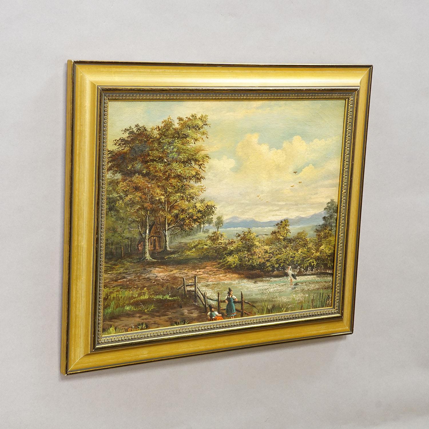 19th Century Biedermeier Landscape Painting with Lake and Trees

An antique landscape painting in a golden frame depicting a peaceful rural setting with large trees, a small hut, a lake with a stork, a winding path and a mother with her child in