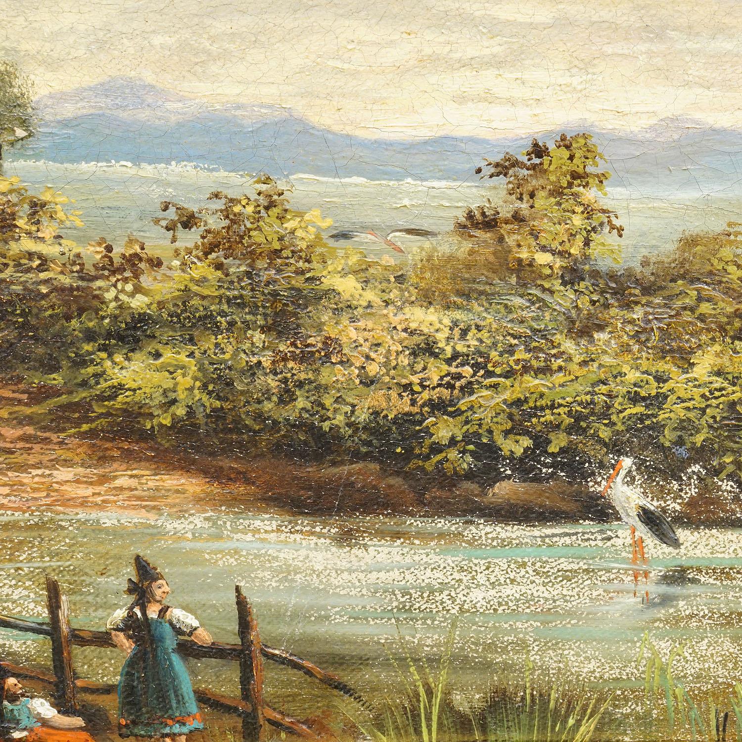 19th Century Biedermeier Landscape Painting with Lake and Trees Bon état - En vente à Berghuelen, DE