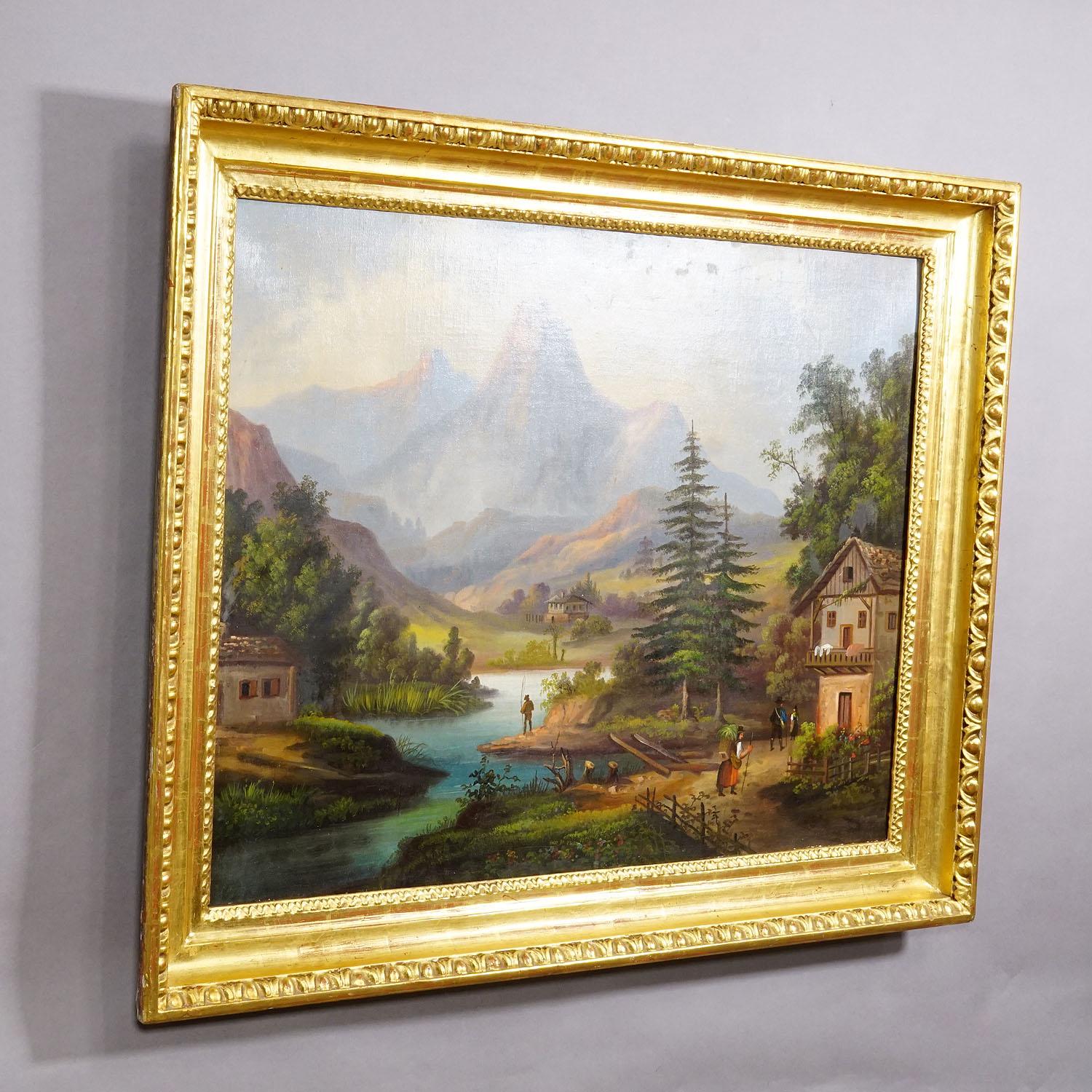 19th Century Biedermeier Landscape Painting with River and Mountain Hut

A large magnificent antique landscape painting in a golden wooden frame. The scene shows a tranquil Alpine countryside with towering mountains, a winding river, rustic