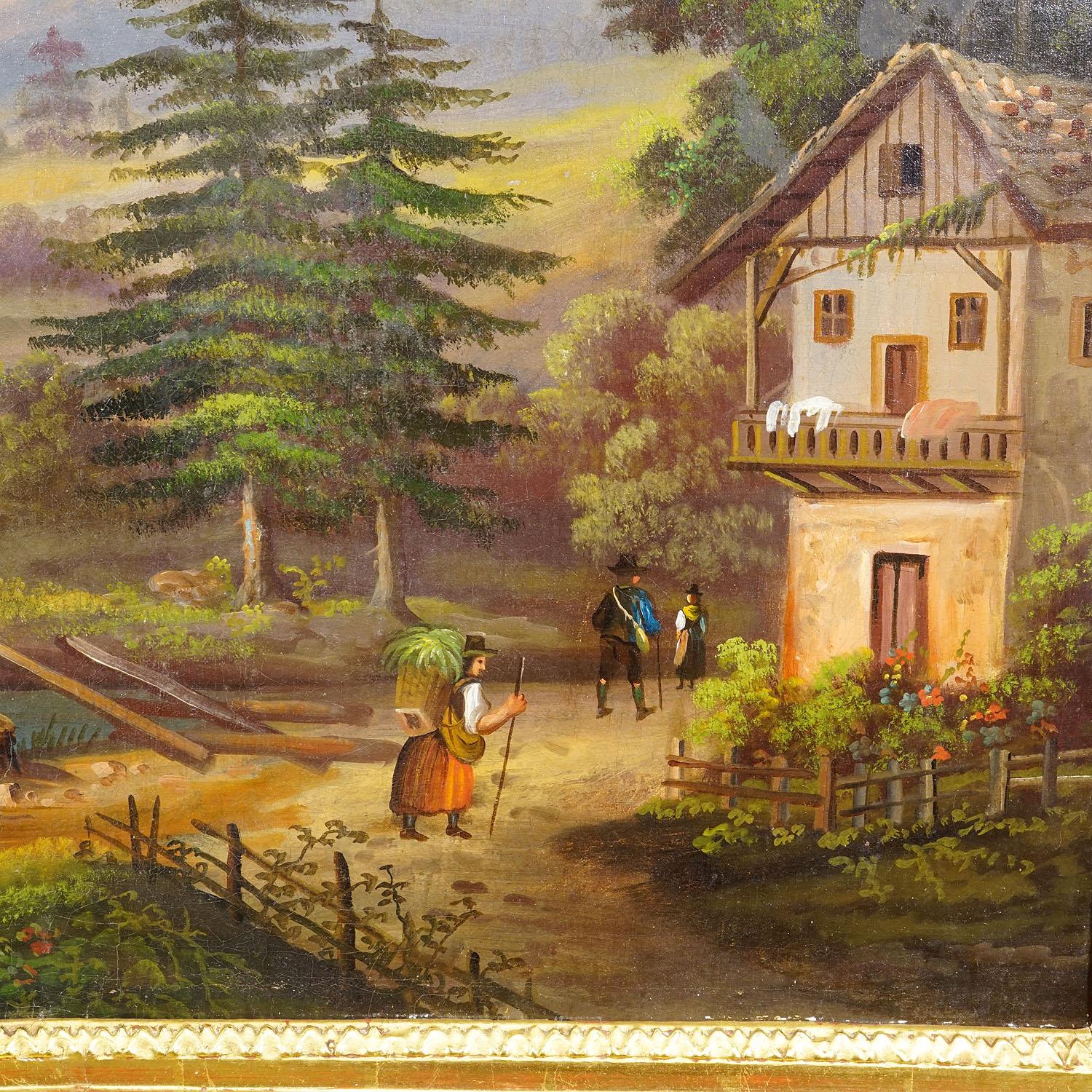 Country 19th Century Biedermeier Landscape Painting with River and Mountain Hut in vendita