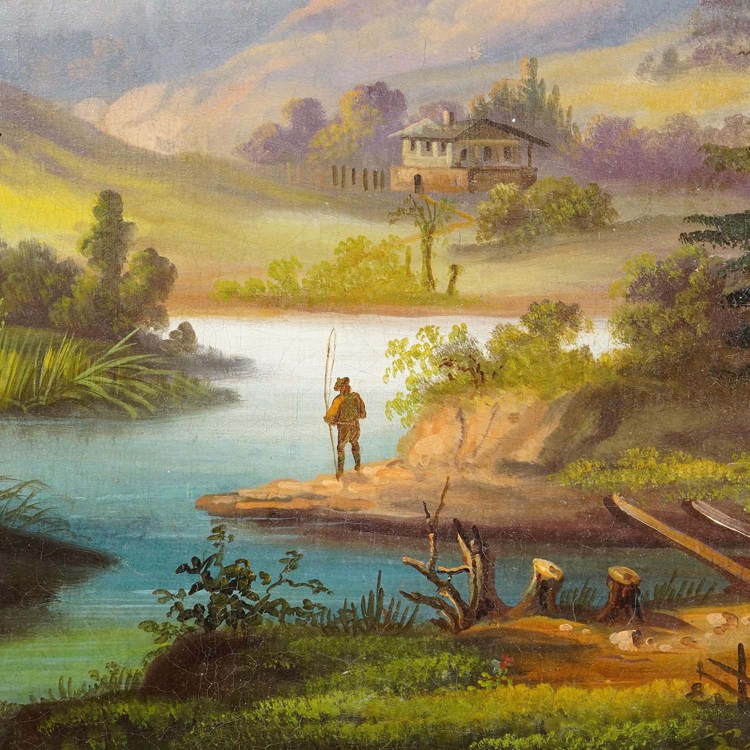 Tedesco 19th Century Biedermeier Landscape Painting with River and Mountain Hut in vendita