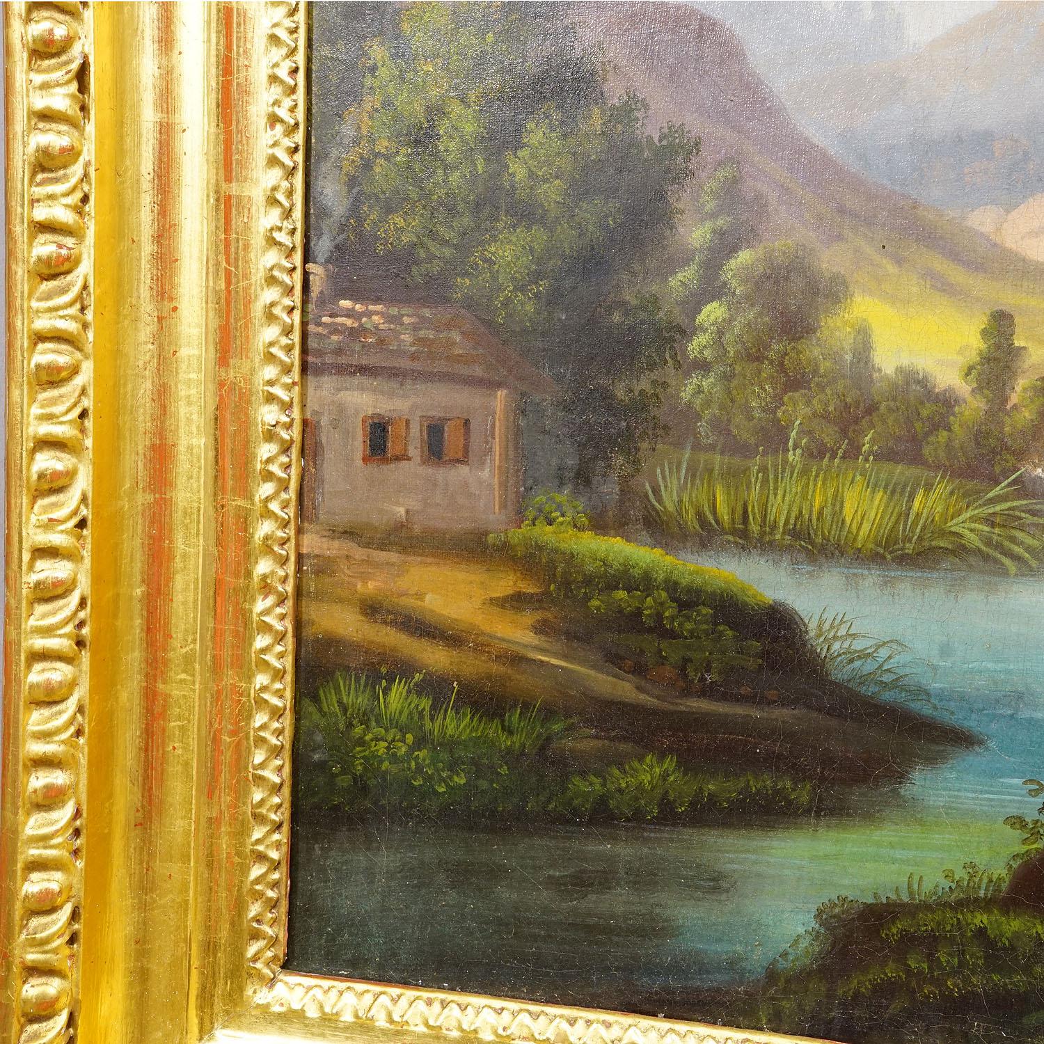 19th Century Biedermeier Landscape Painting with River and Mountain Hut In condizioni buone in vendita a Berghuelen, DE