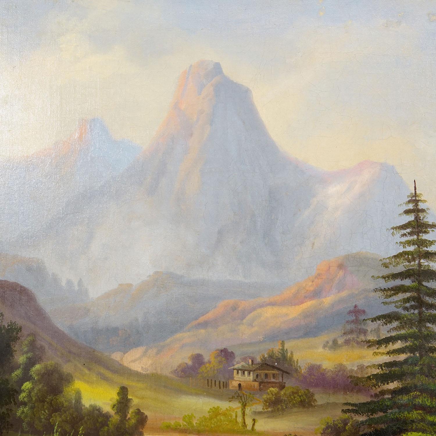 XIX secolo 19th Century Biedermeier Landscape Painting with River and Mountain Hut in vendita