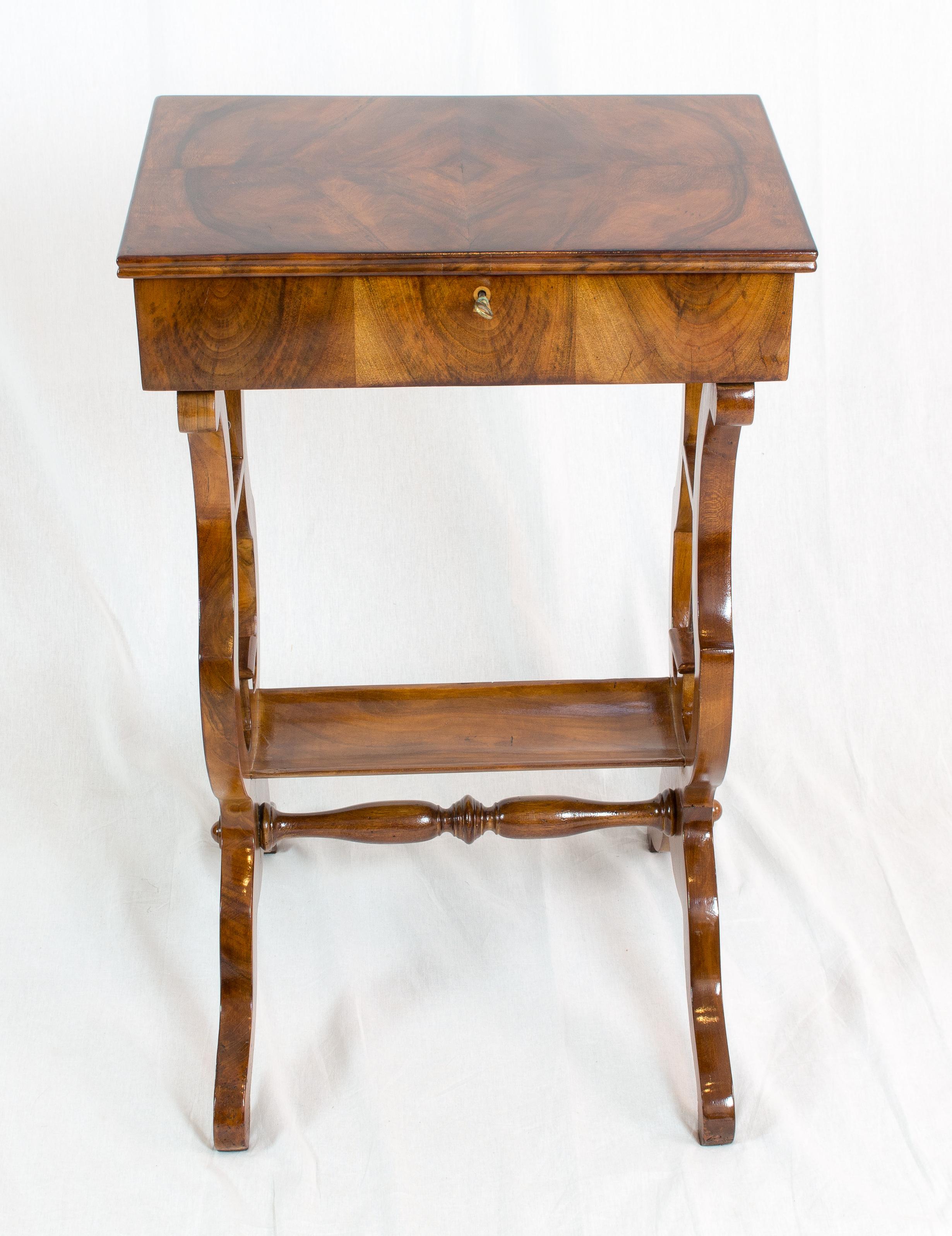 Polished 19th Century Biedermeier Lyra Walnut Sewing or Side Table