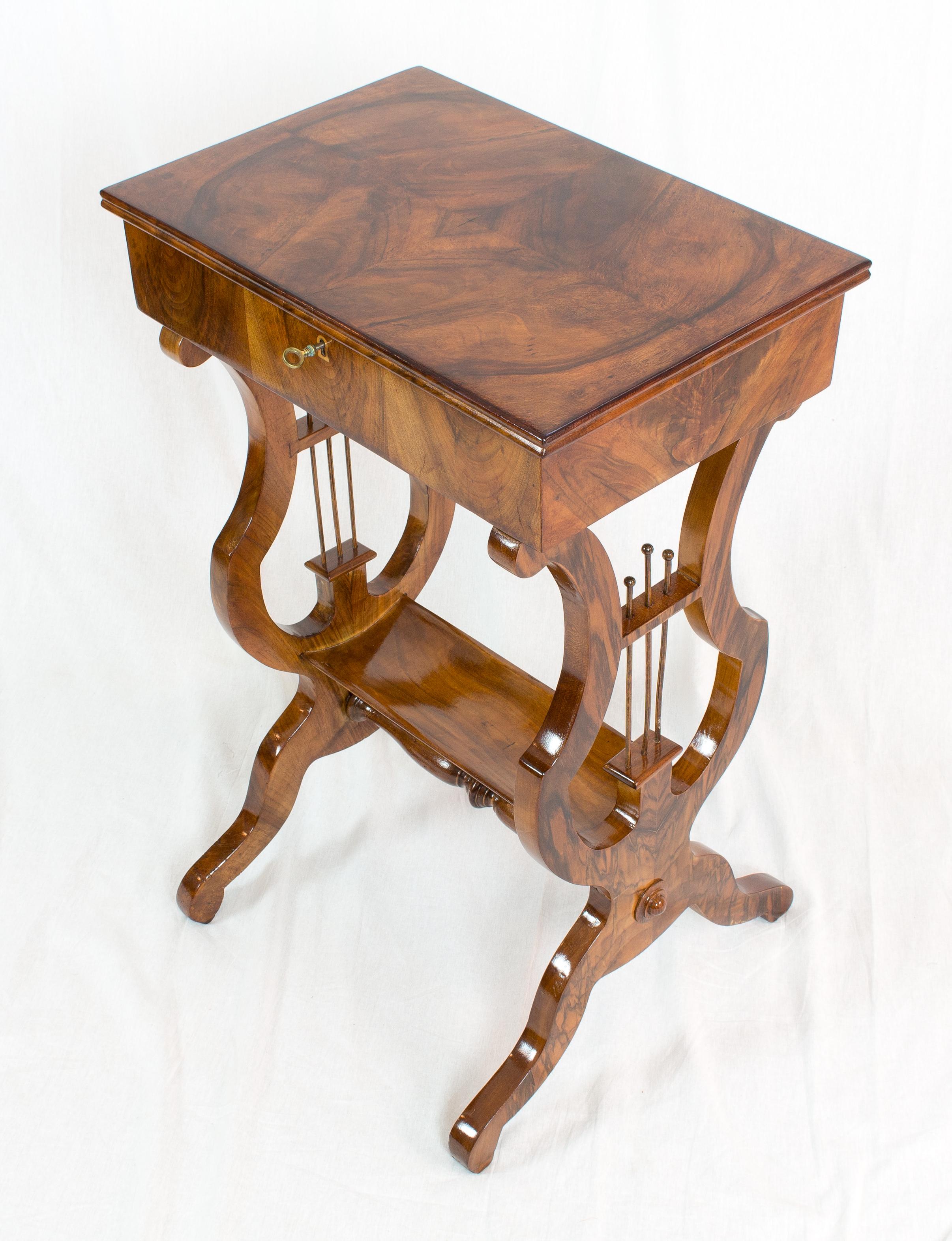 19th Century Biedermeier Lyra Walnut Sewing or Side Table 1
