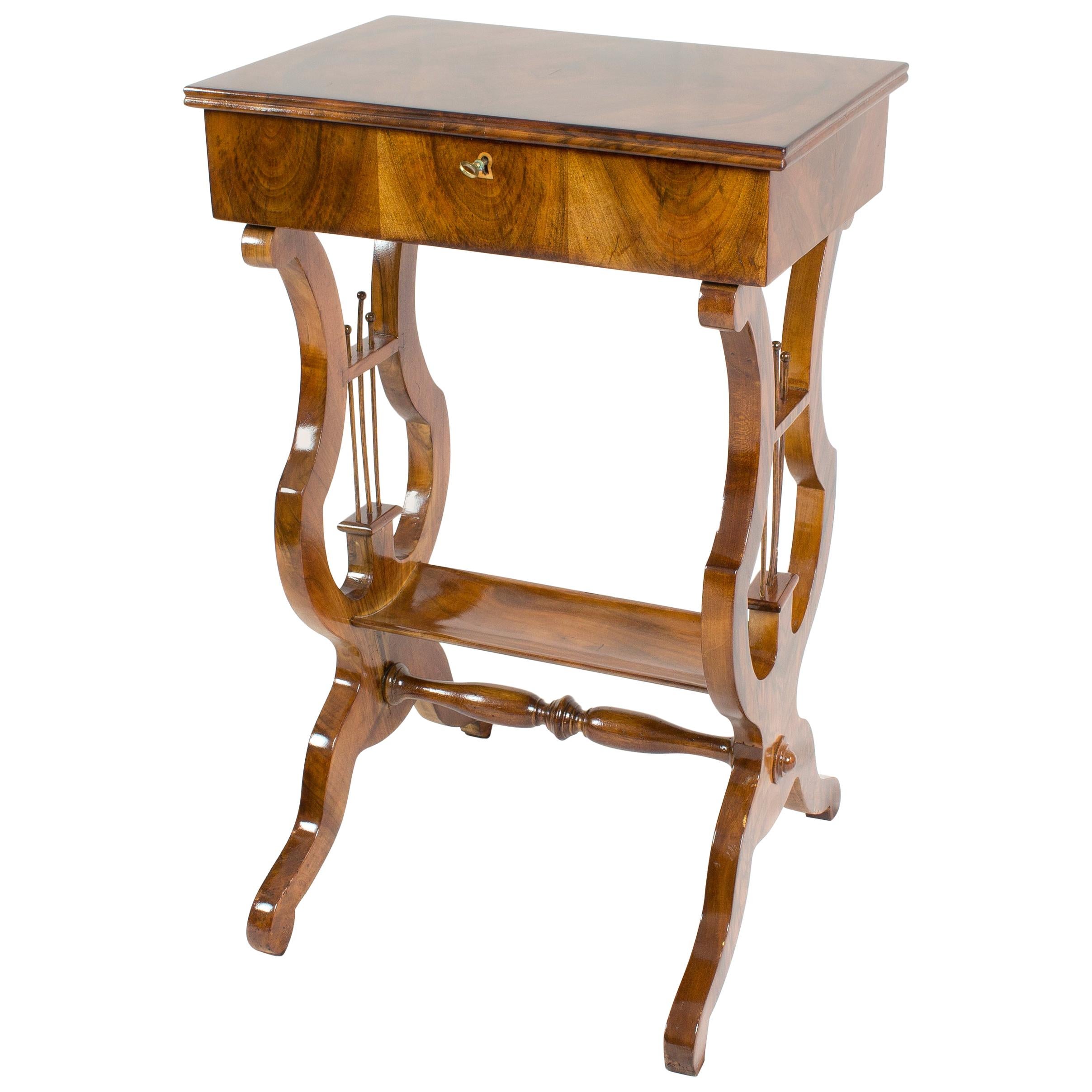 19th Century Biedermeier Lyra Walnut Sewing or Side Table