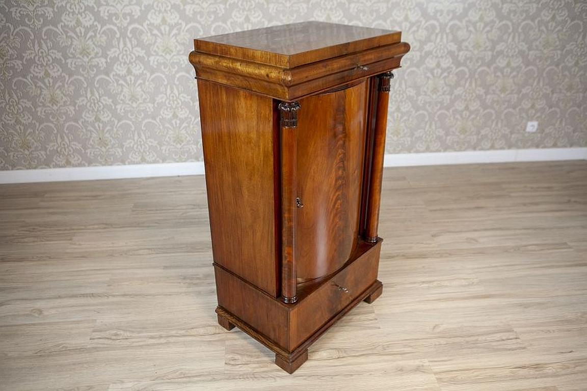 19th-Century Biedermeier Mahogany Wood and Veneer Linen Press

Furniture made of mahogany wood and mahogany veneer on softwood, dating back to the first half of the 19th century. Single-winged structure with a tall pedestal drawer and a narrow