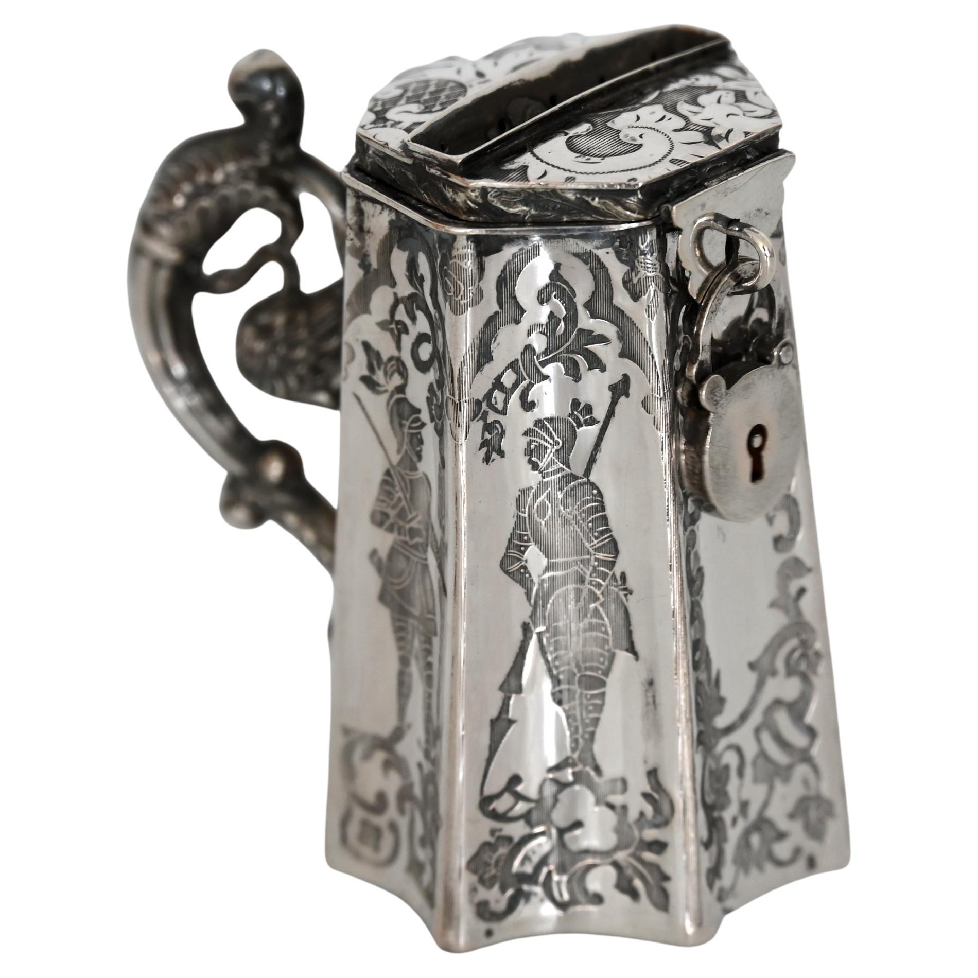 19th Century Biedermeier Money Box German Silver Engraved with Knight and Lady For Sale