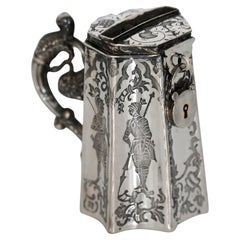 19th Century Biedermeier Money Box German Silver Engraved with Knight and Lady