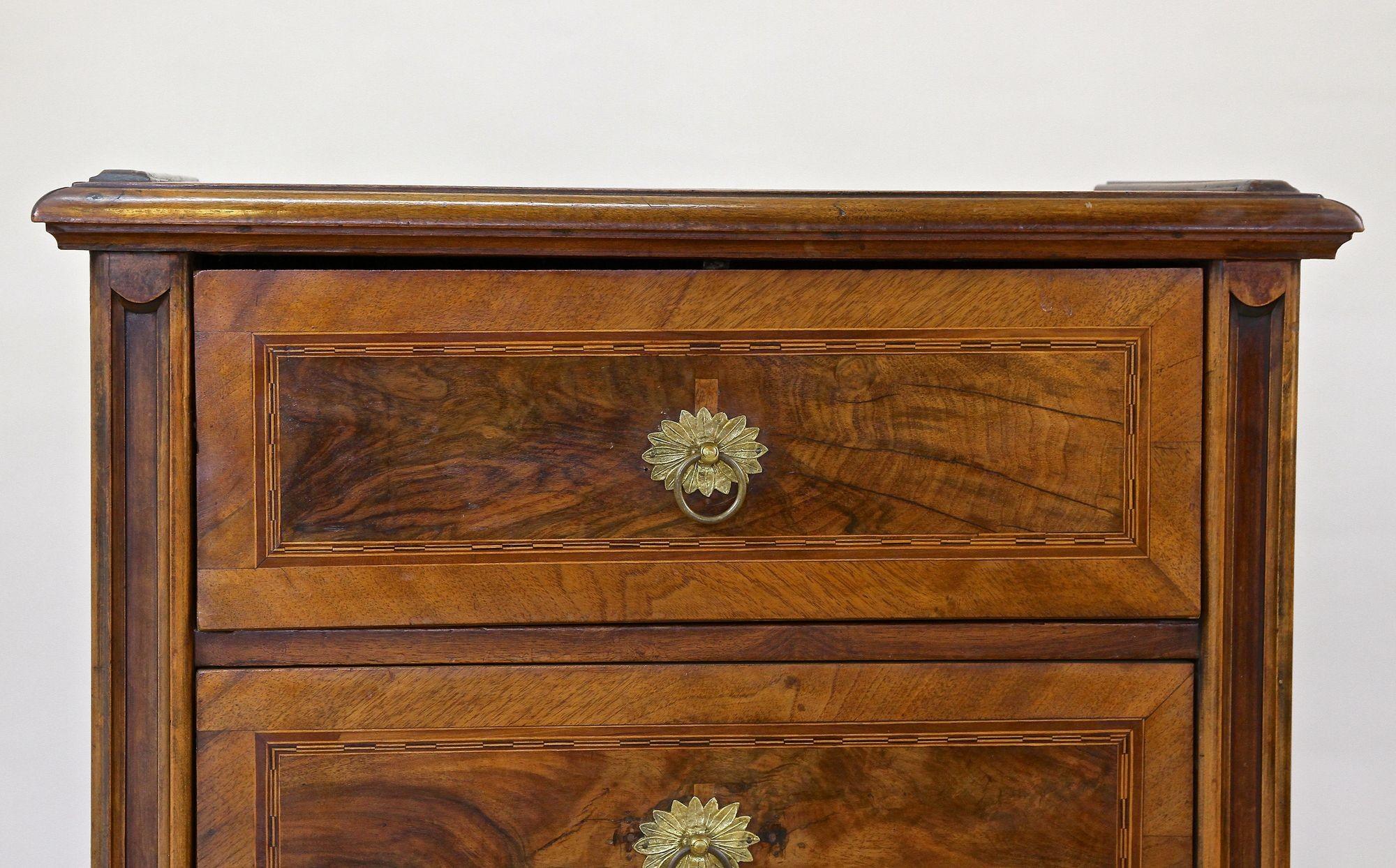 Brass 19th Century Biedermeier Nutwood Chest Of Drawers With Micro-Inlays, AT ca. 1850 For Sale