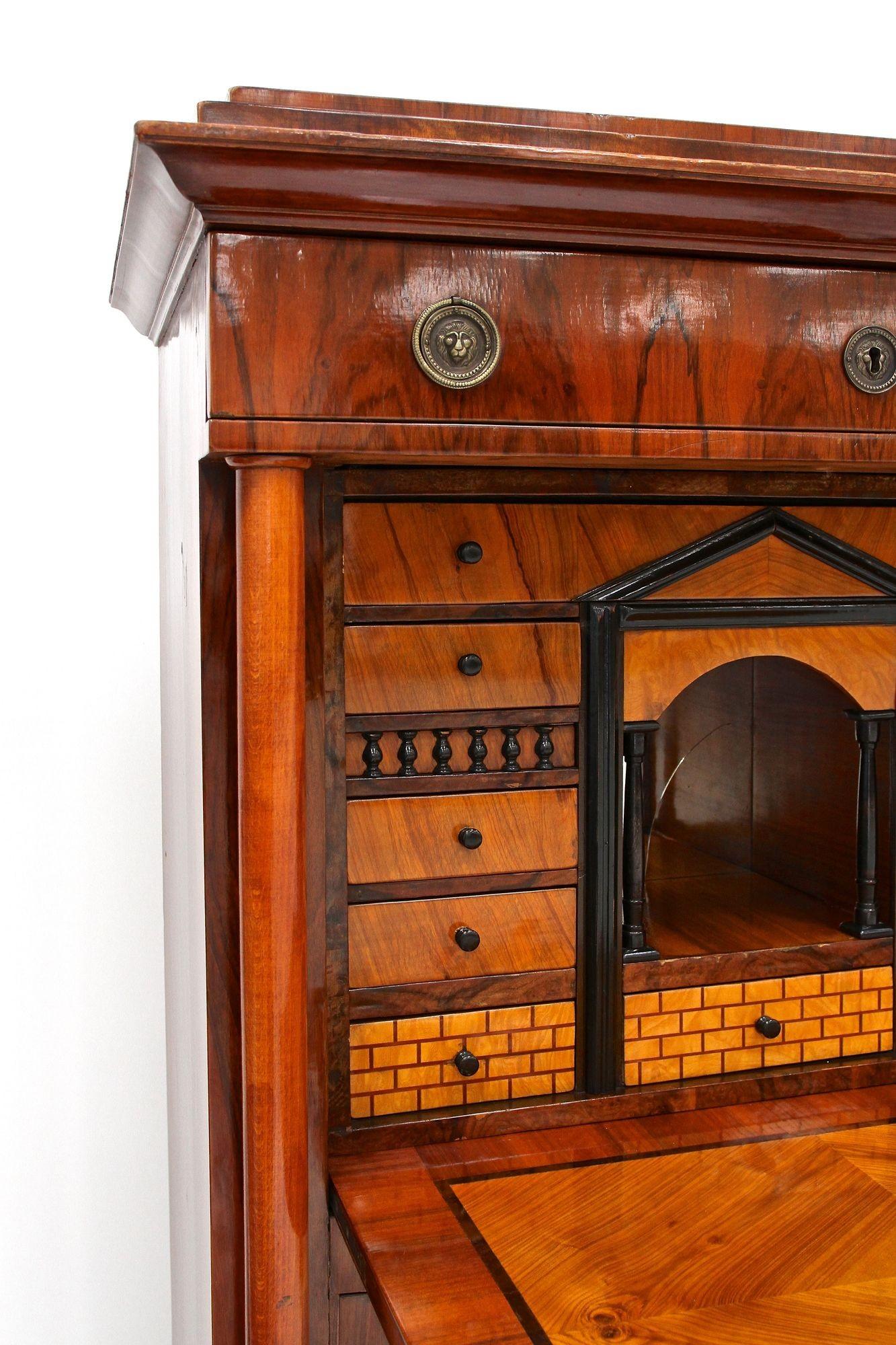 Brass 19th Century Biedermeier Nutwood Secretary Desk/ Secretaire, Austria ca. 1820/25 For Sale