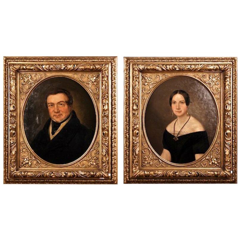 19th Century Biedermeier Oil on Canvas Portrait of a Couple For Sale