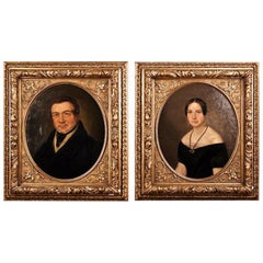 19th Century Biedermeier Oil on Canvas Portrait of a Couple