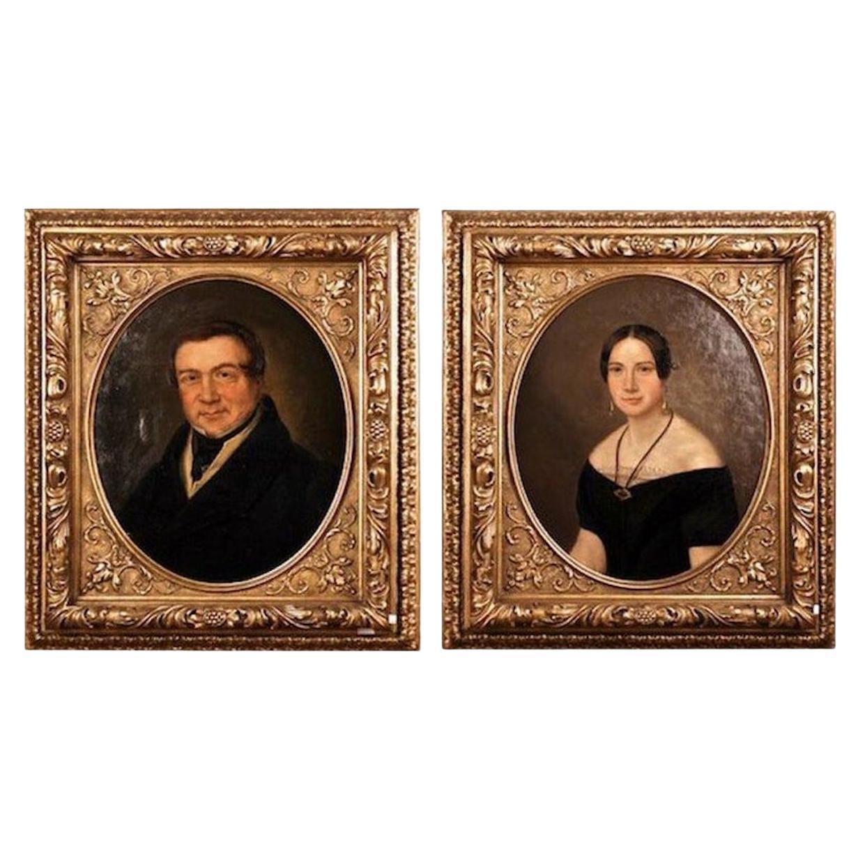 Óleo Biedermeier del siglo XIX sobre lienzo Retrato de pareja