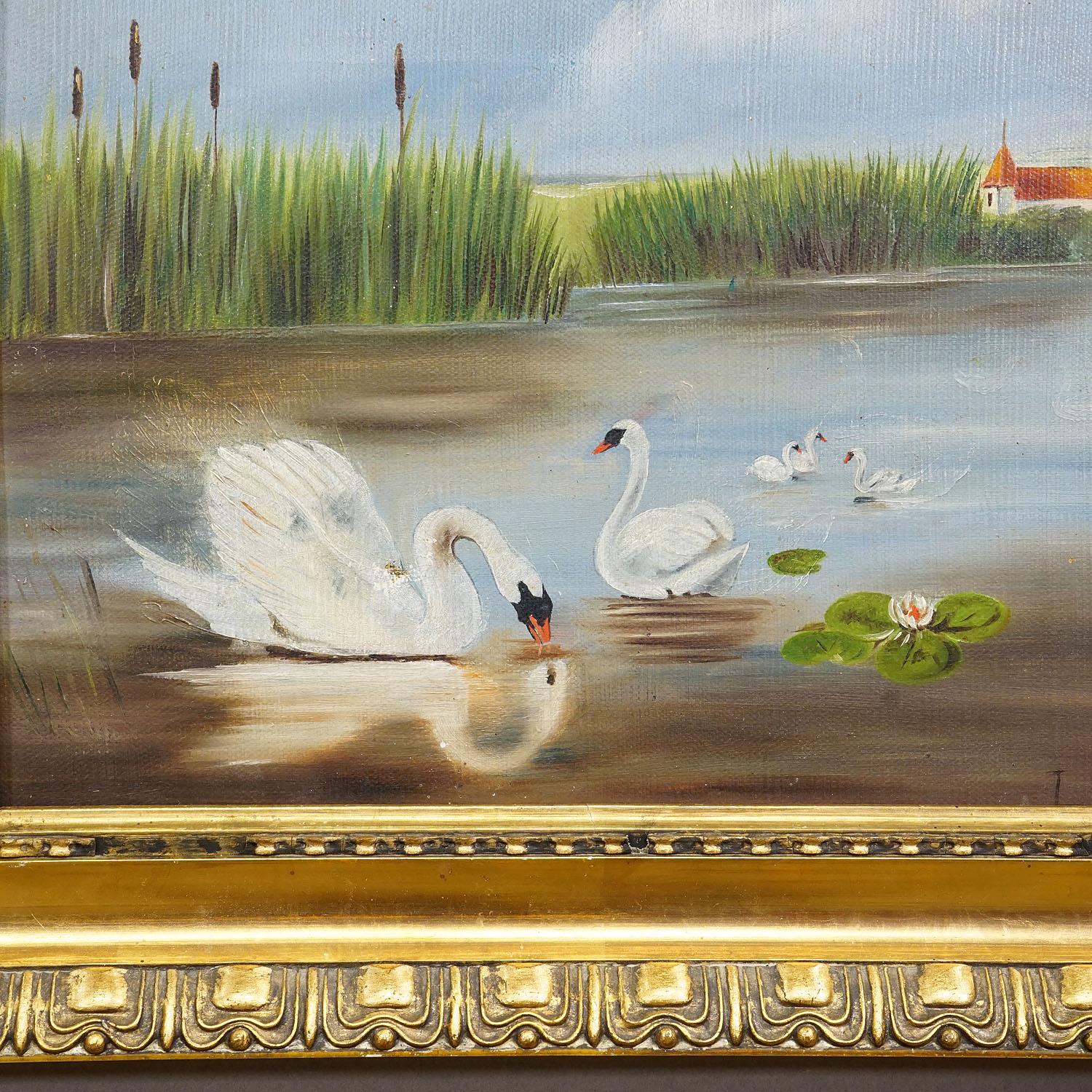Country 19th Century Biedermeier Painting with Swans on a Lake For Sale