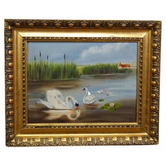19th Century Biedermeier Painting with Swans on a Lake