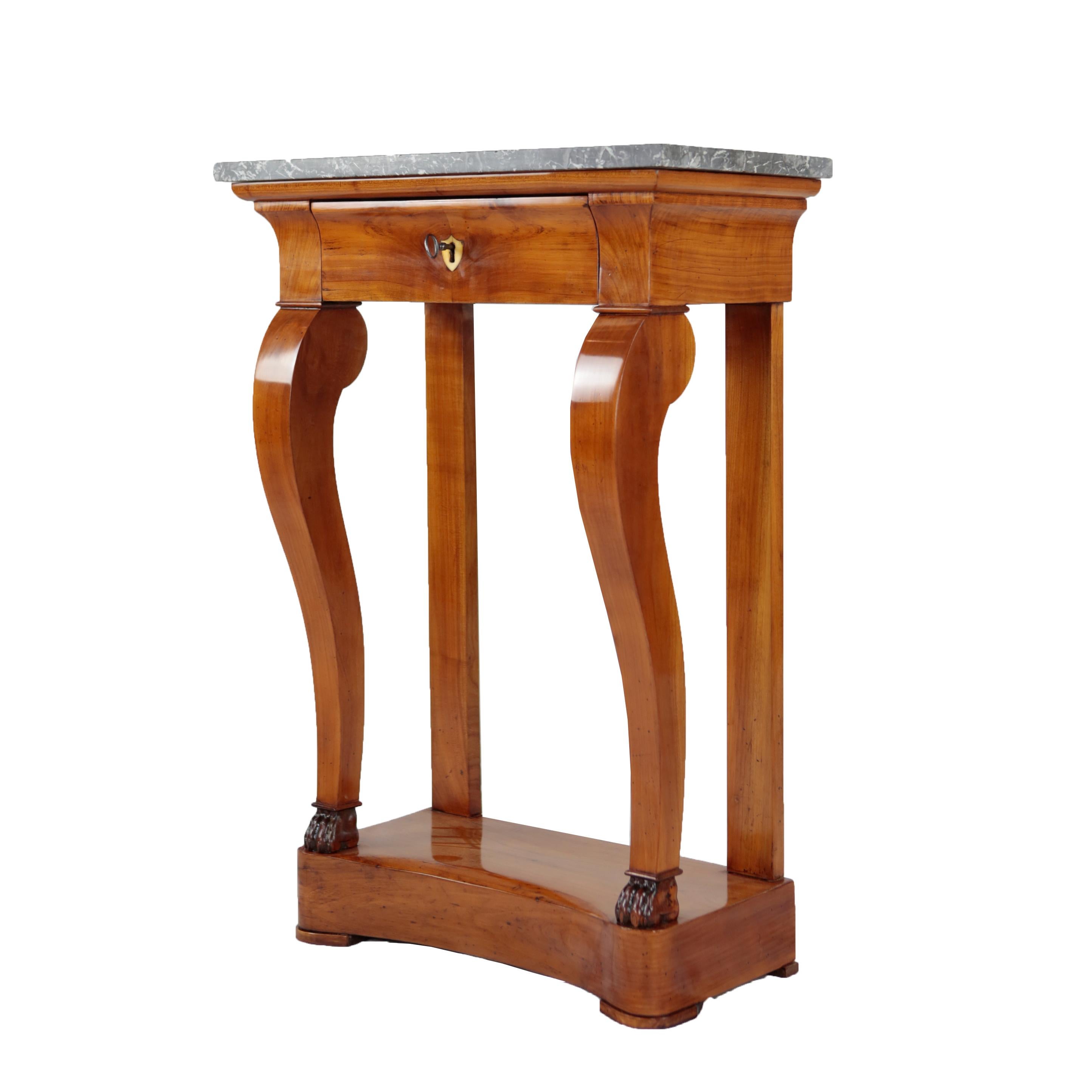 German 19th Century Biedermeier Period Console Table with Marble Top, Cherrywood Veneer For Sale