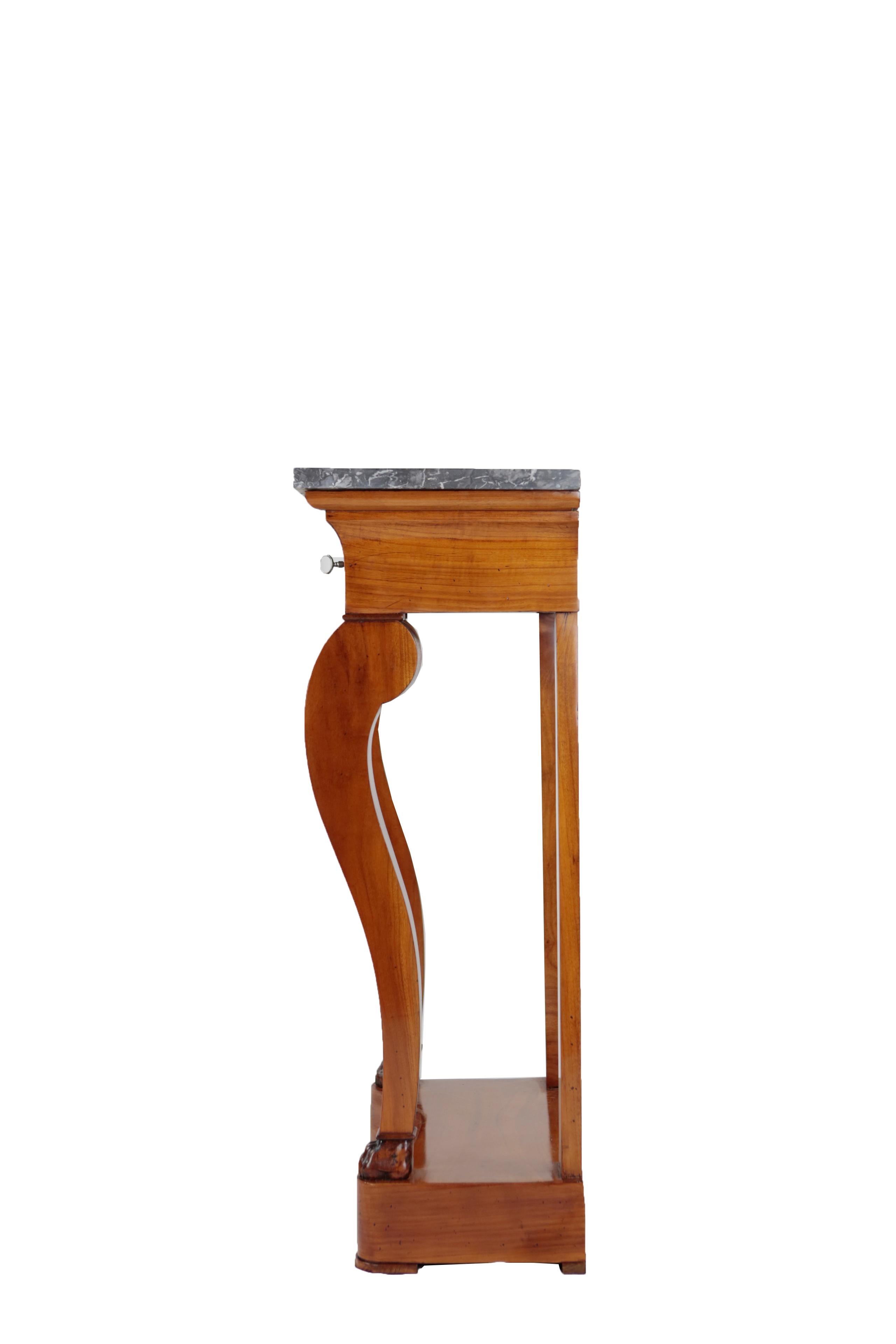Polished 19th Century Biedermeier Period Console Table with Marble Top, Cherrywood Veneer For Sale