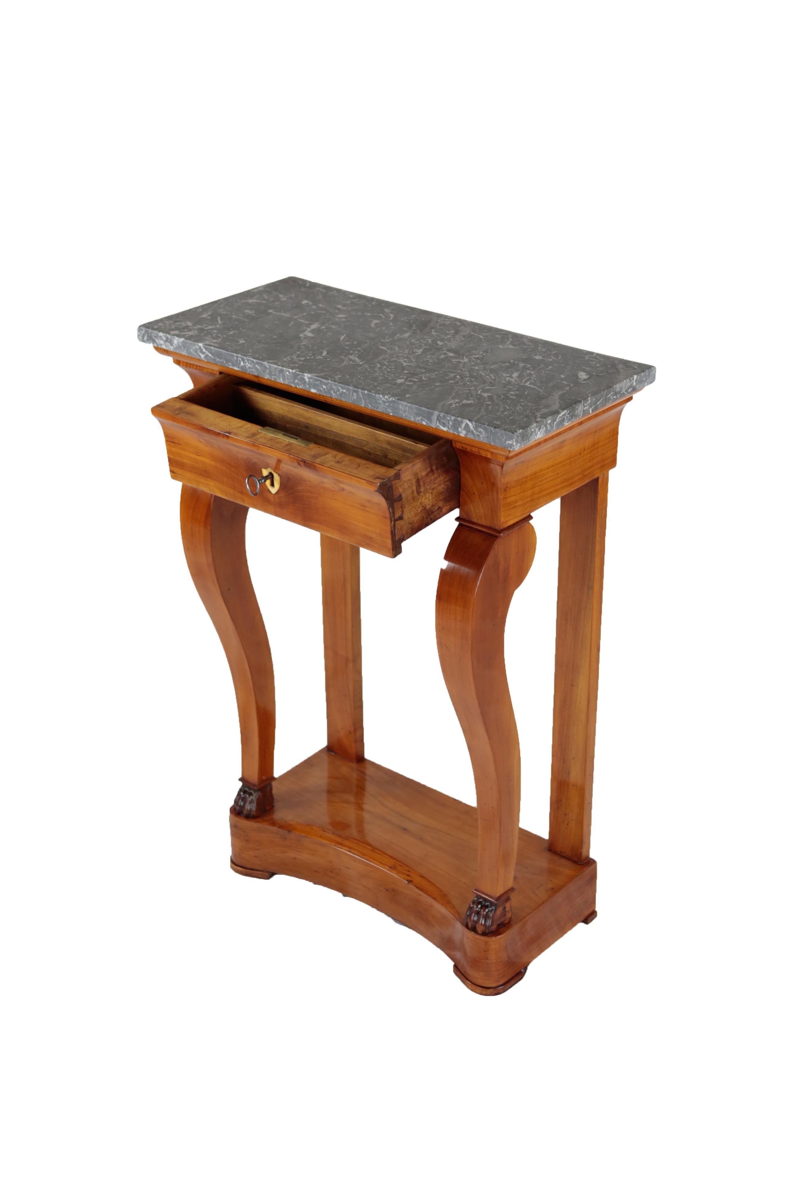 19th Century Biedermeier Period Console Table with Marble Top, Cherrywood Veneer For Sale 1