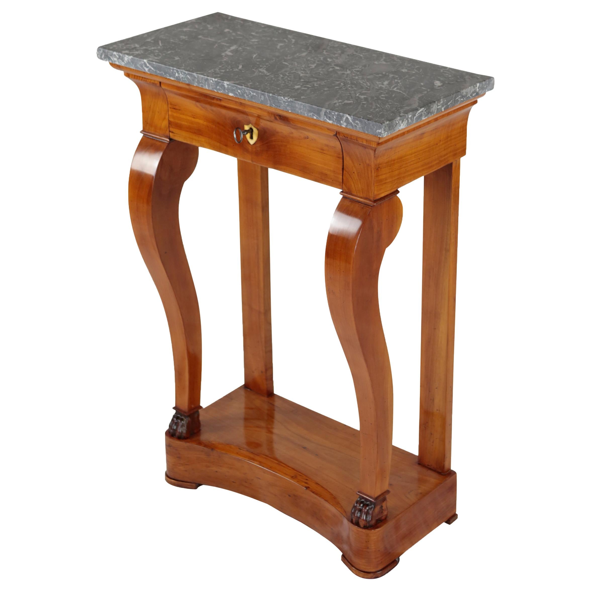 19th Century Biedermeier Period Console Table with Marble Top, Cherrywood Veneer For Sale