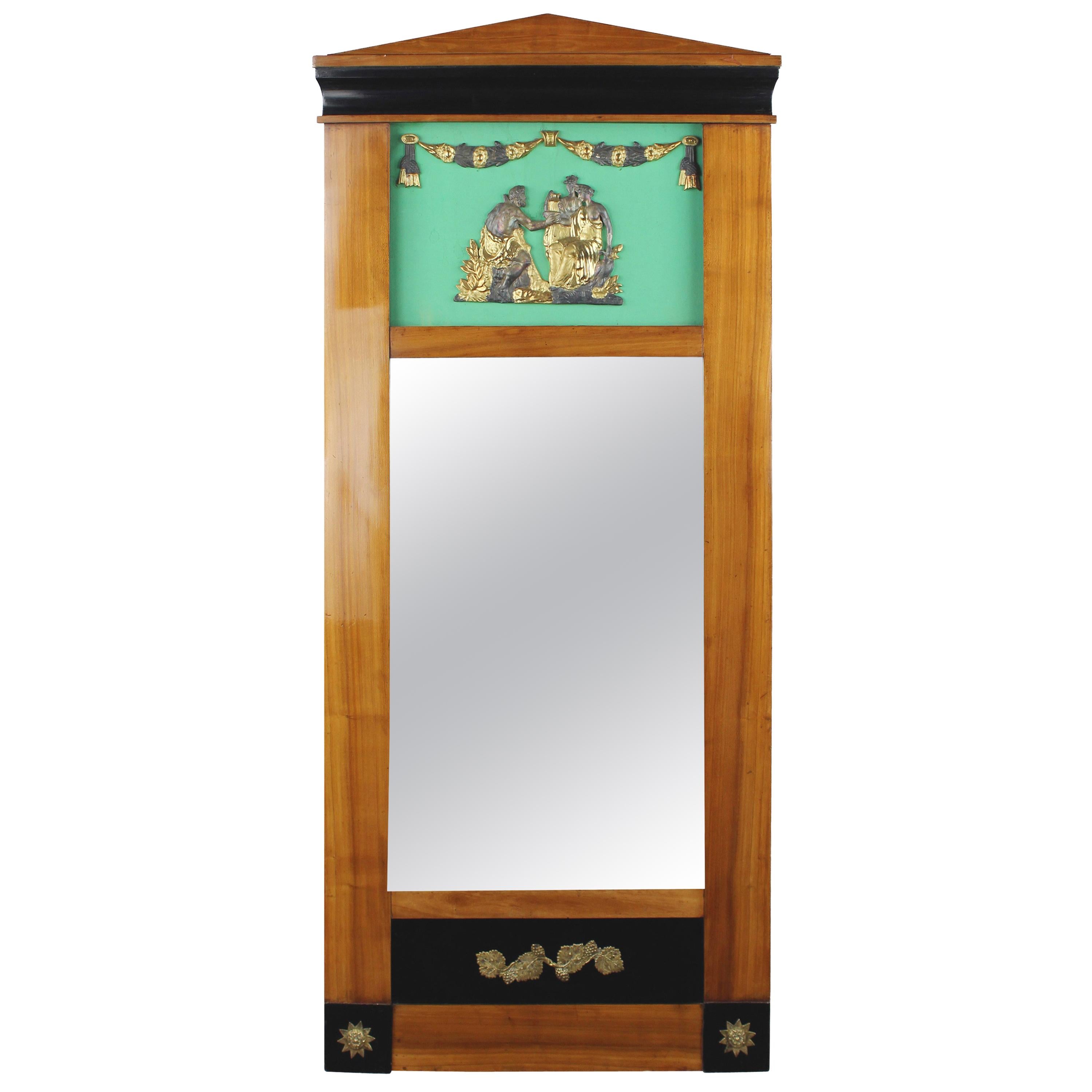 19th Century Biedermeier Period Pillar Mirror, Cherrywood, Light Brown For Sale