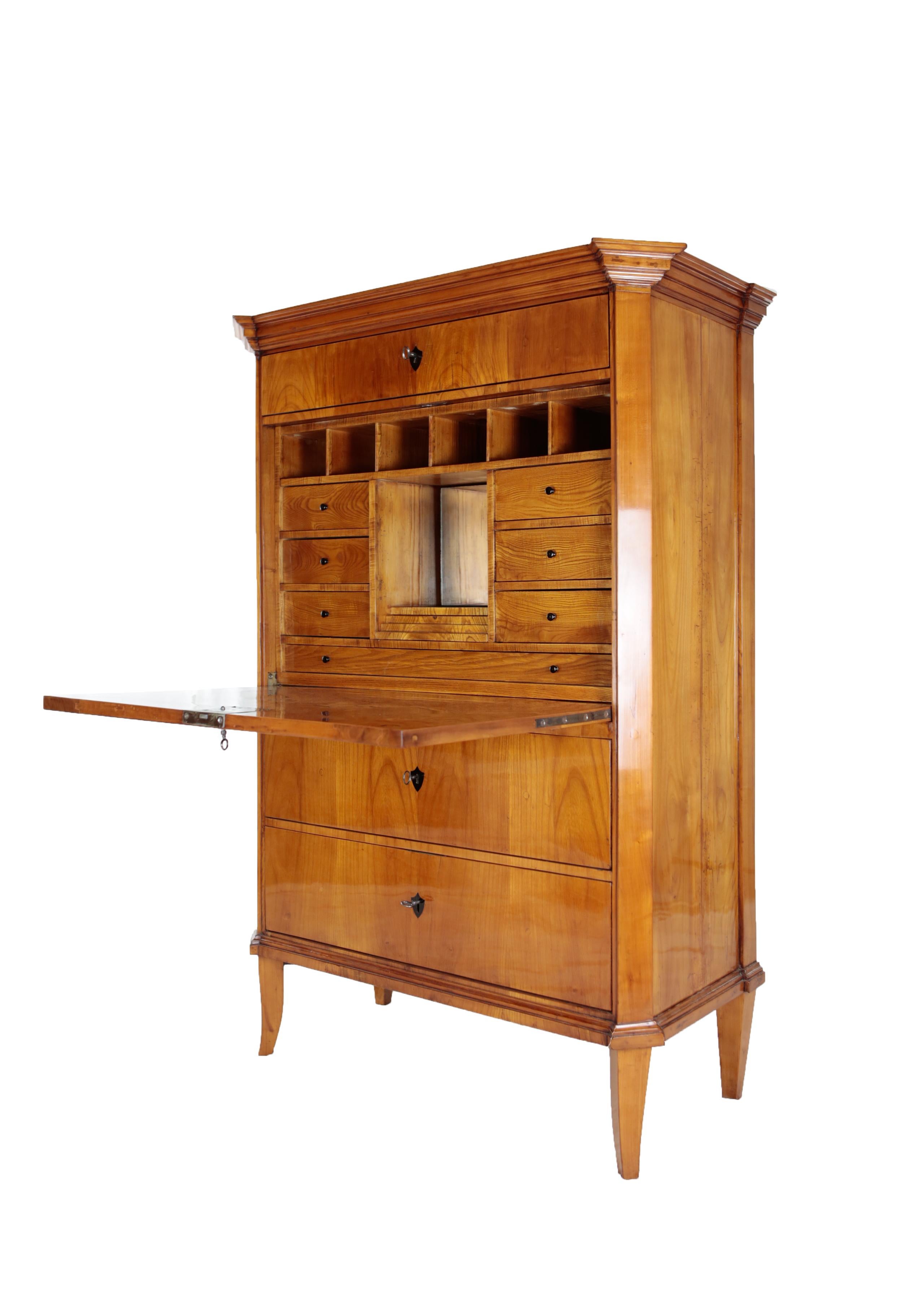 Veneer 19th Century Biedermeier Period Secretary circa 1820-1830 Cherrywood Honey Brown For Sale