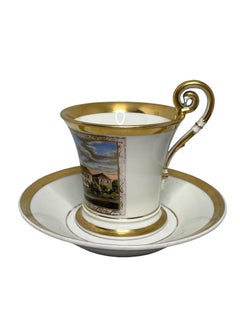 19th Century Biedermeier Period Topographical Porcelain Cup and Saucer