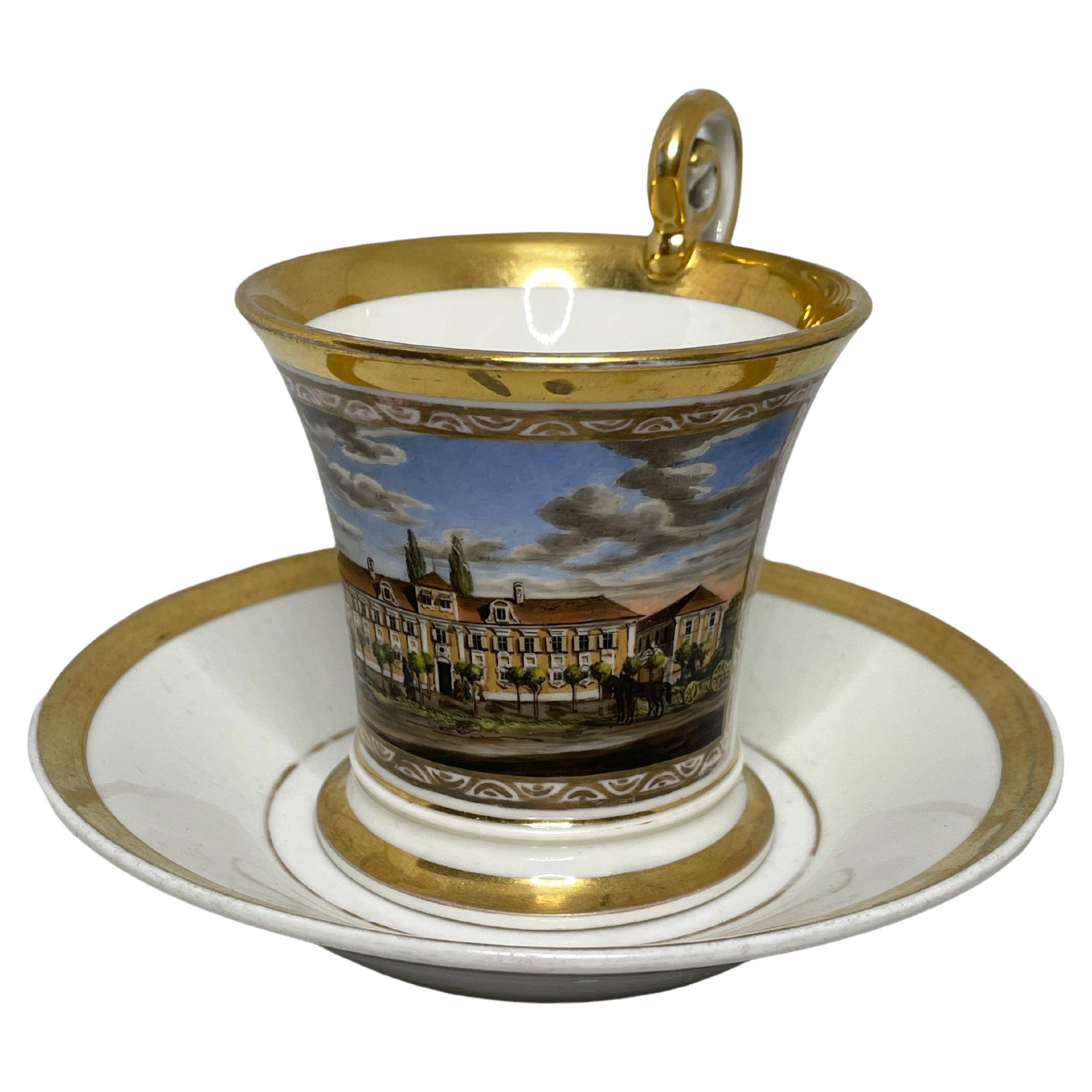 19th Century Biedermeier Period Topographical Porcelain Cup and Saucer For Sale