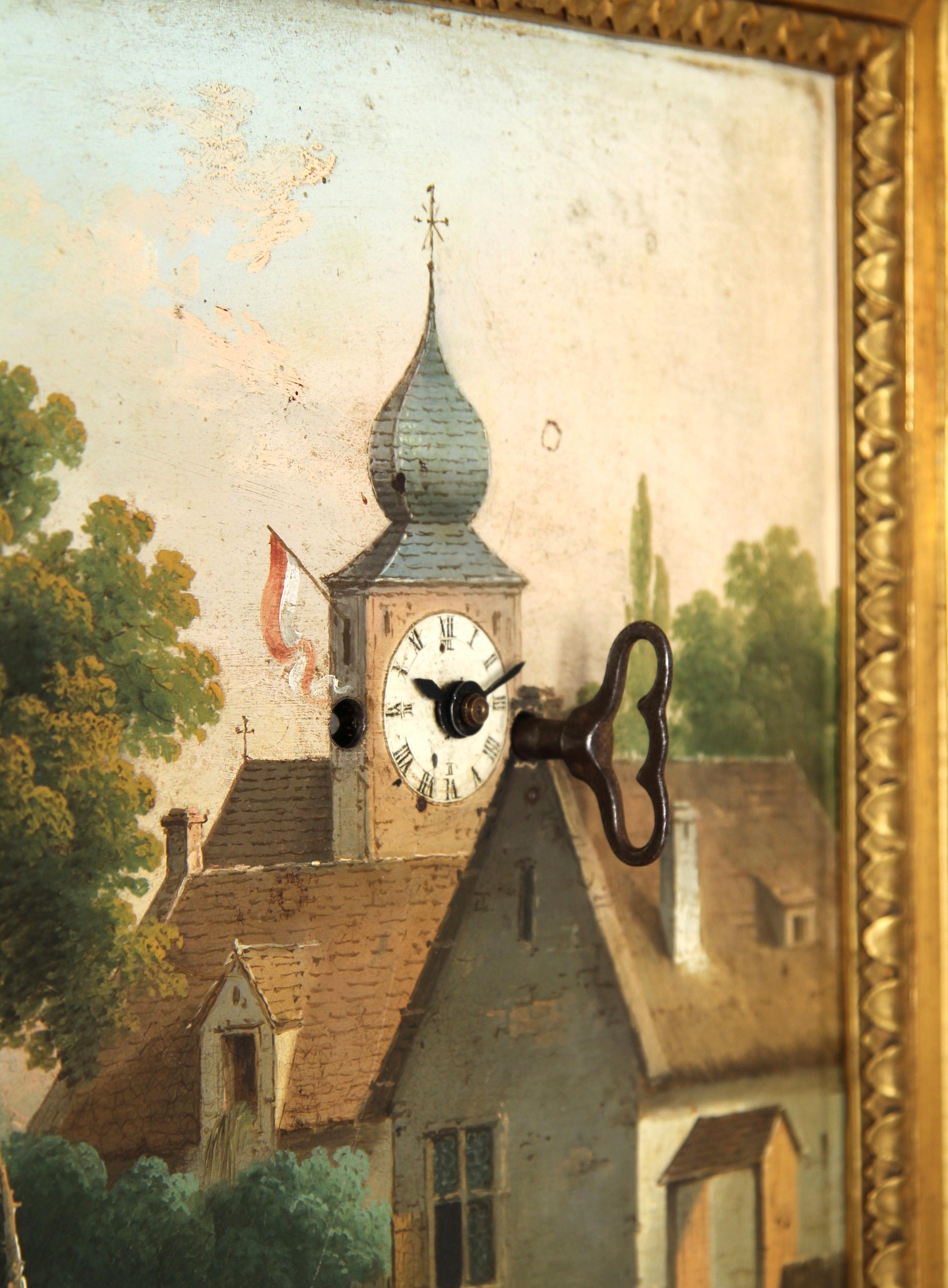 Orologio da quadro Biedermeier con meccanismo a fontana

Austria
Olio su lastra di ferro
circa 1830

Dimensioni: H. H. × L. × P.: 45 × 53 × 14 cm.

Descrizione:
Questo raro orologio illustrato raffigura una scena di villaggio con figure vestite a