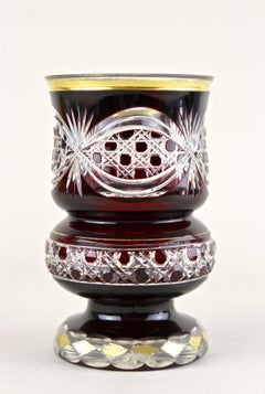 19th Century Biedermeier Ruby Red Overlay Glass Goblet, Gilt Parts, CZ ca. 1840