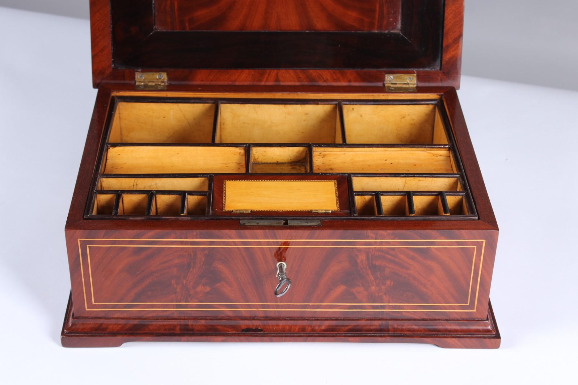 Marquetry 19th Century Biedermeier Sewing or Jewelry Box, Mahogany with Maple Inlays