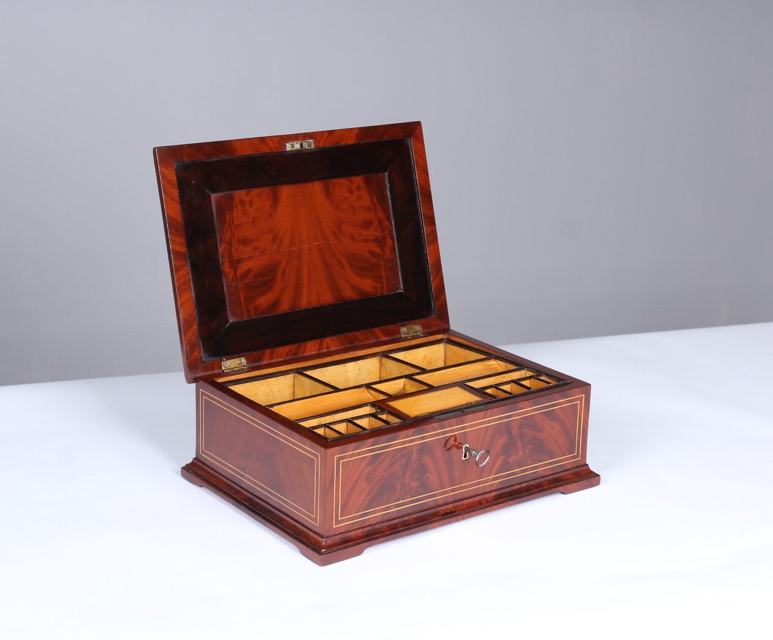 Early 19th Century 19th Century Biedermeier Sewing or Jewelry Box, Mahogany with Maple Inlays