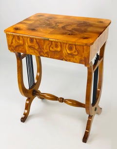 19th Century Biedermeier Sewing Side Lyre Table of Rare Oyster Walnut Veneer