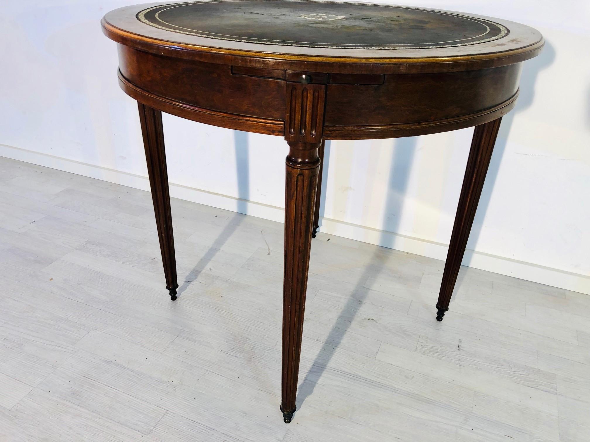 Hand-Crafted 19th Century Biedermeier Side Table Game Table with Fluted Legs and Leather Top  For Sale