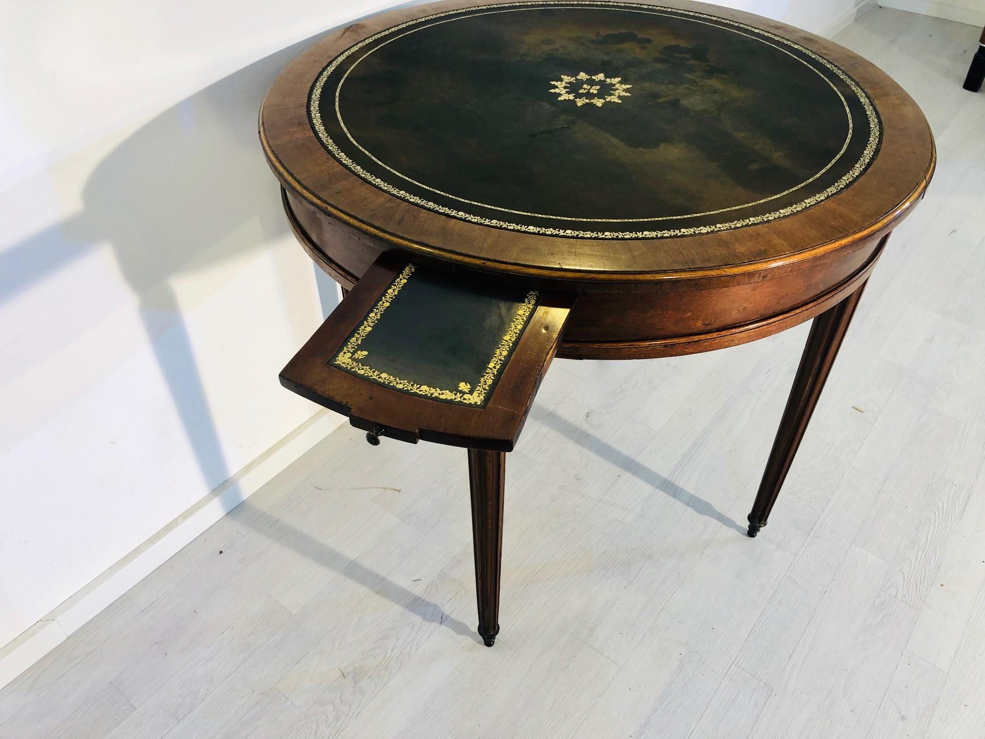 Mid-19th Century 19th Century Biedermeier Side Table Game Table with Fluted Legs and Leather Top  For Sale