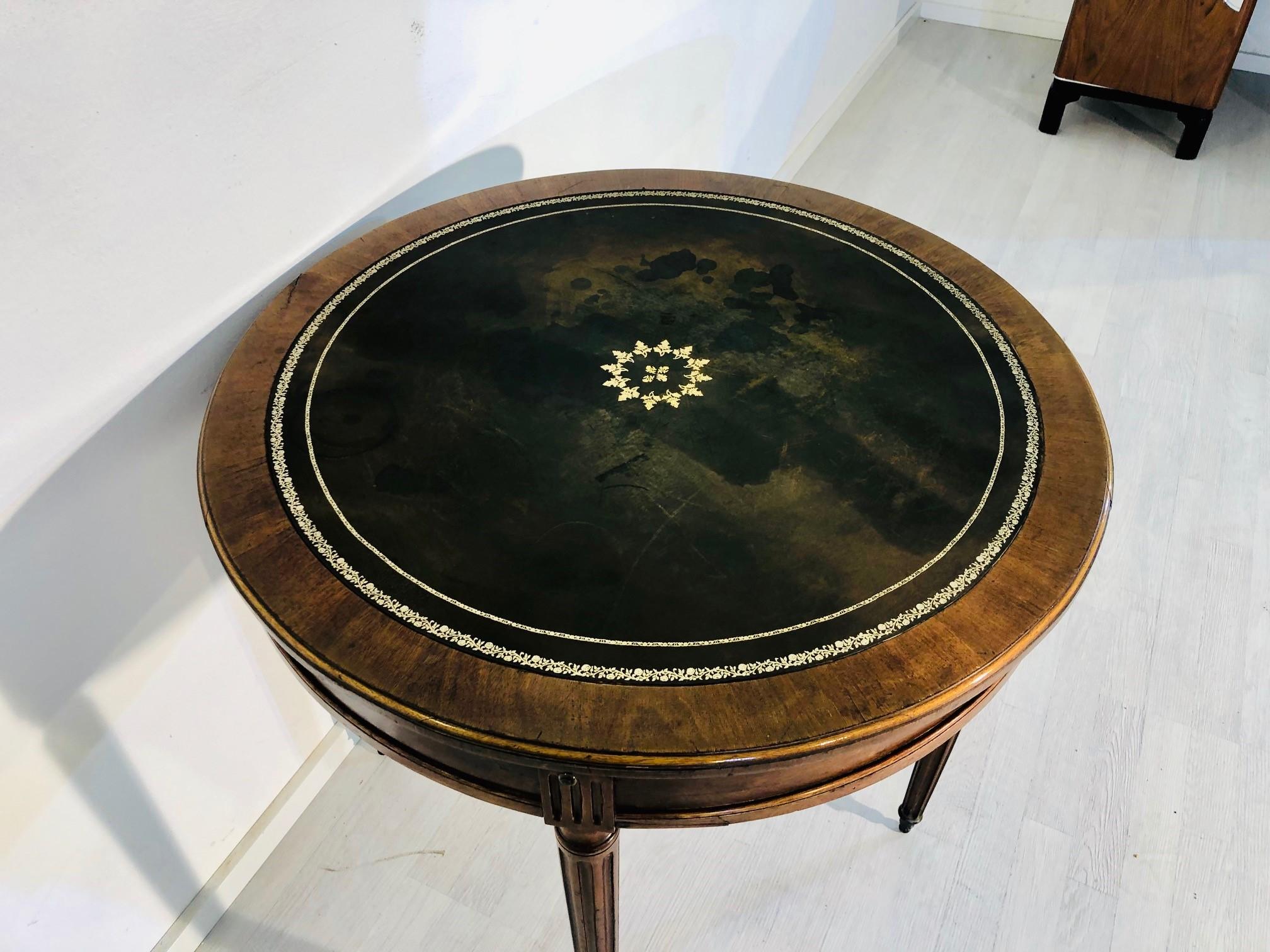Oak 19th Century Biedermeier Side Table Game Table with Fluted Legs and Leather Top  For Sale