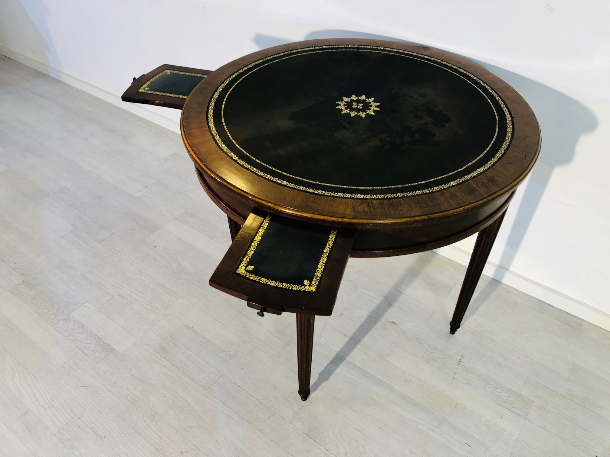 19th Century Biedermeier Side Table Game Table with Fluted Legs and Leather Top  For Sale 1