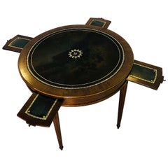 19th Century Biedermeier Side Table Game Table with Fluted Legs and Leather Top