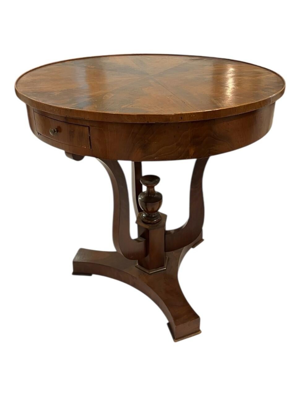 19th Century Biedermeier Style Drum Table in burl walnut. Has 3 drawers.