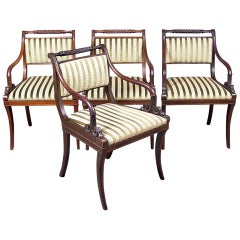 Antique 19th Century Biedermeier Style Mahogany Armchairs Set of Four